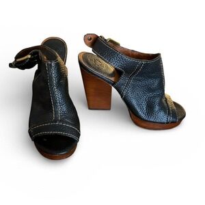 Lucky Brand Black Leather Peep Toe Slingback Sandals Women‎ Size 7 Y2K Vintage